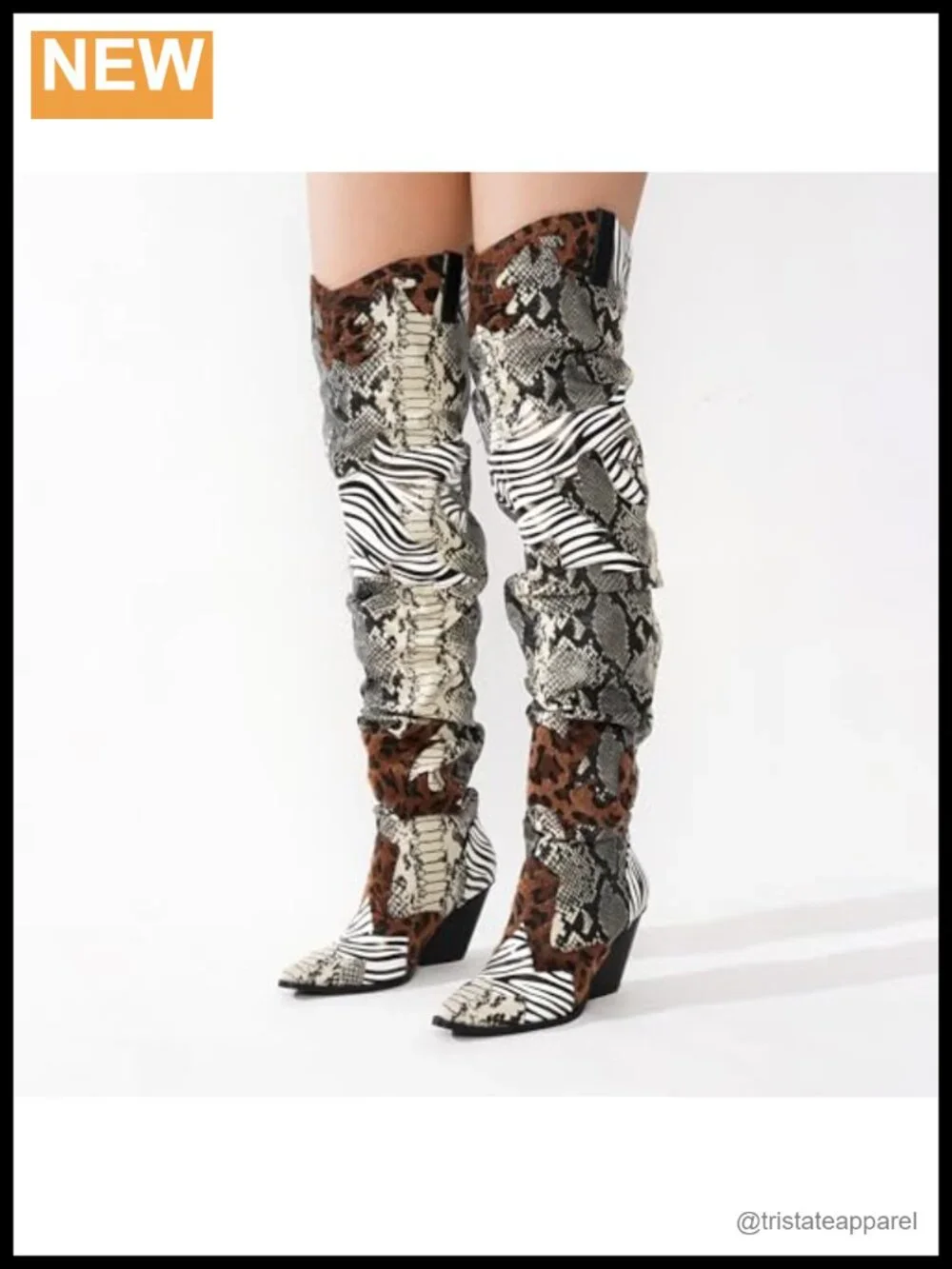 Women's Thigh High Cowboy Boots, Chunky Heel, Faux Snakeskin, Side Zipper